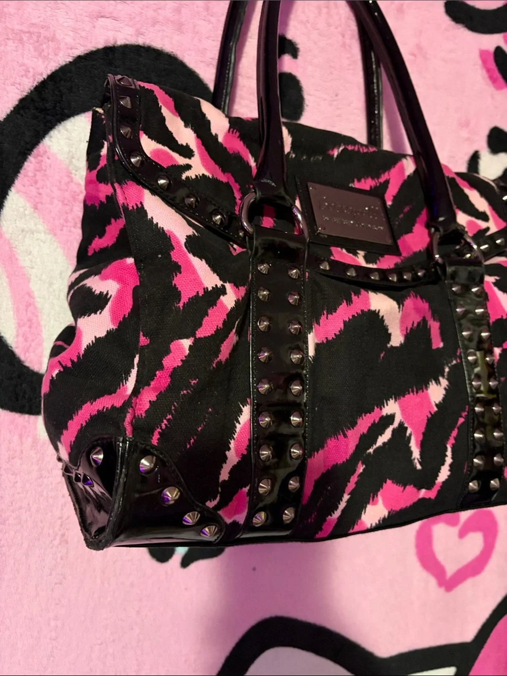 Pink and Black Zebra-Print Studded Shoulder Bag